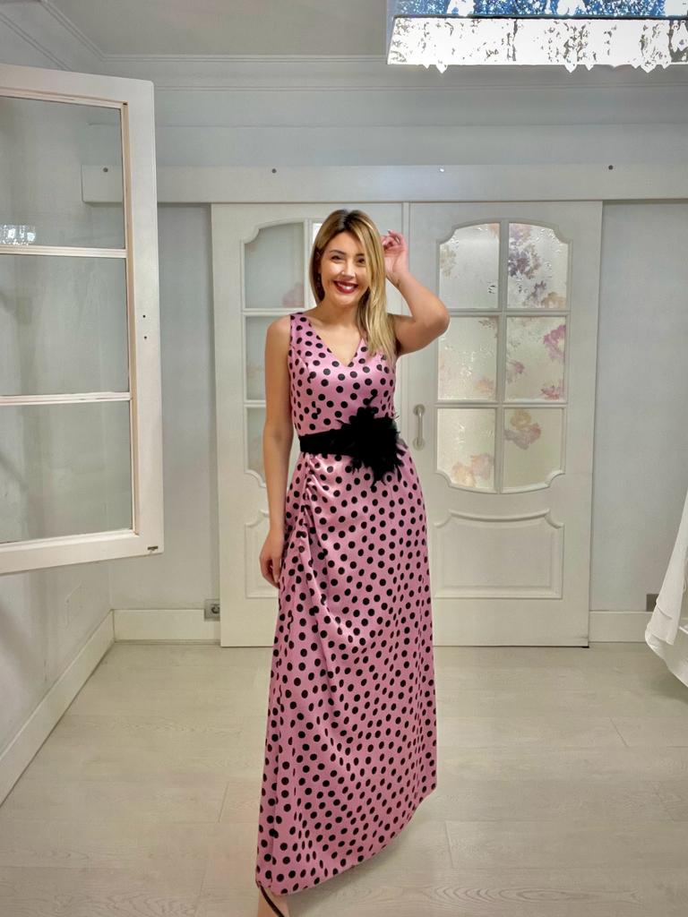 Vestido Largo De Lunares Rosas Forever Unique - Talla L, Ideal Para Eventos Especiales