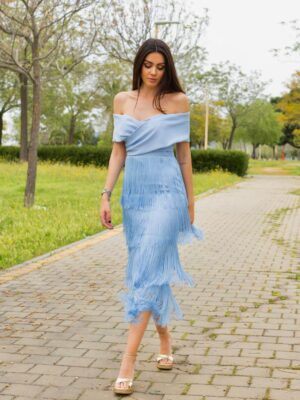 Vestido flecos cuello barco