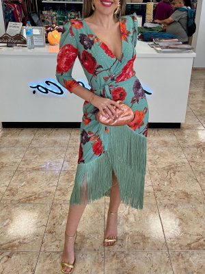 Vestido cruzado midi flecos